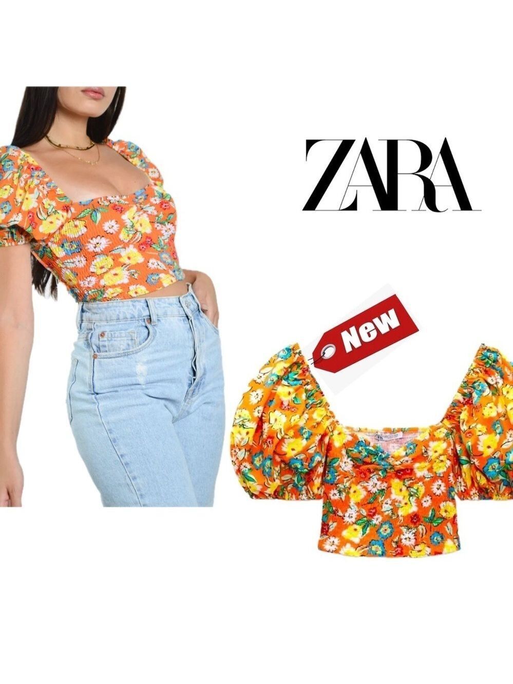Zara orange floral flower smocked puff sleeve sweetheart neckline crop top L NWT